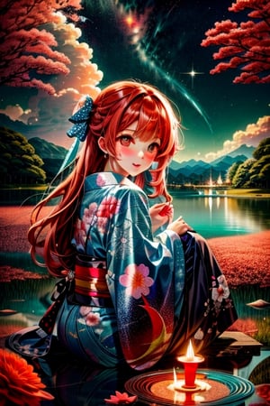 High quality, masterpiece, 1girl, shiny long red hair in a pnytail, brigth turquoise pupils, a long yukata with images of clouds and flowers, sitting under a tree and overlooking a lake,Illustration,ayaka_genshin,klee (genshin impact),wrenchmicroarch,seek,tshee00d,Futuristic room,ghostrider,dragonyear,score_9,style,1 girl ,sangonomiya kokomi (sparkling coralbone),firefliesfireflies,Void volumes