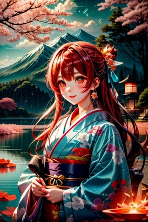 High quality, masterpiece, 1girl, shiny long red hair in a pnytail, brigth turquoise pupils, a long yukata with images of clouds and flowers, sitting under a tree and overlooking a lake,Illustration,ayaka_genshin,klee (genshin impact),wrenchmicroarch,seek,tshee00d,Futuristic room,ghostrider,dragonyear,score_9,style,1 girl ,sangonomiya kokomi (sparkling coralbone),firefliesfireflies,Void volumes