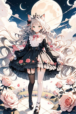 1girl, solo, long hair, looking at viewer, bangs, hair ornament, thighhighs, dress, bow, animal ears, very long hair, green eyes, standing, tail, full body, flower, grey hair, frills, shoes, cloud, cat ears, hair flower, blunt bangs, white thighhighs, cat tail, mask, rose, wavy hair, garter straps, moon, cat, crown, pink flower, curly hair, crescent moon, pink rose