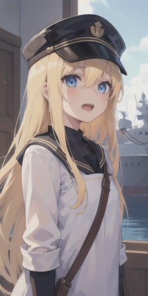 1girl, solo, long hair, open mouth, bangs, blue eyes, blonde hair, hat, hair between eyes, upper body, indoors, looking to the side, shipyard