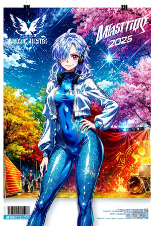 ((masterpiece,best quality)), anime style,,vegapunk lilith, pink eyes, white long hair, hair covering one eye, smile, smug, silver jacket, shiny silver bodysuit, one piece glossy silver colored bodysuit, full bodysuit, headphone, antennae, cowboy shot, standing, contrapposto, curvy, hand on waist, smirk, music festival poster, poster, magicworld festival tour poster, festival poster text, title, 2025, 
