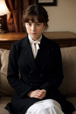 At the end of the 19th century,20yo, the female detective Sherlock Holmes was handsome, thoughtful, full of sense of humor, gentlemanly, graceful, full of mystery, and had a faint smile. 1girl,breasts,beautiful face and eyes,Sitting on the sofa and thinking,Quiet, focused, distressed expression, not looking at the viewr,bow in thought,SD 1.5,1girl