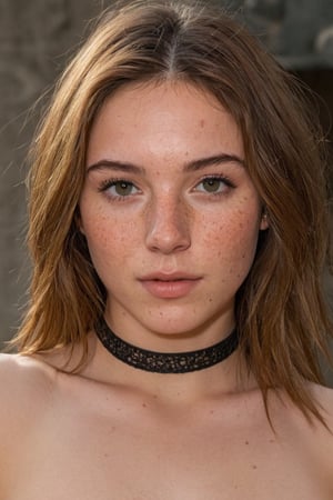 (ultra realistic,best quality),photorealistic,Extremely Realistic, in depth, cinematic light,hubgwomen,hubg_beauty_girl, cute

medium hair, detailed face, detailed nose, girl naked, freckles, choker, smirk, tattoo, 

intricate background, realism,realistic,raw,analog,portrait,photorealistic