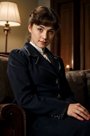 At the end of the 19th century,20yo, the female detective Sherlock Holmes was handsome, thoughtful, full of sense of humor, gentlemanly, graceful, full of mystery, and had a faint smile. 1girl,breasts,beautiful face and eyes,Sitting on the sofa and thinking,Quiet, focused, distressed expression, not looking at the viewr,bow in thought,SD 1.5,1girl