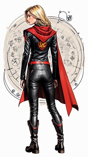 dark, gritty, realistic, mix of bold dark lines and loose lines, bold lines, on paper, turnaround character sheet, a stunningly beautiful (masterpiece, best quality:1.3), (2d:1.3), ink (medium), t-shirt design, White background, ((Half body)),portrait, supergirl, long red cape, outer_space, space hair, levitating, sky, zero gravity, above city, (((View from behind, she is looking over her shoulder))), depth_of_field bits of color, Sketch book, hand drawn, dark, gritty, realistic sketch, Rough sketch, mix of bold dark lines and loose lines, bold lines, Black paper, turnaround character sheet, arcane symbols, runes, dark theme, flowing partially blonde hair, handsome, ((all black padded leather clothing with red accents)), embroidered with runes, modest, black leather pants,  leather rune embroidered boots, (sharp lines), lines of bold ink, strong outlines, bold strokes, high contrast, (professional vector), best quality, flat colors, flat lights, no shadows, low levels, ((geometric shapes)), paint splatters, ((arcane symbols)), runes, dark theme, Perfect composition golden ratio, masterpiece, best quality, 4k, sharp focus. Better hand, perfect anatomy, ((safe for work))