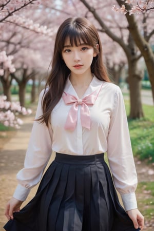 one pretty girl, solo, supermodel, pale skin, long wavy hair, blunt bangs, make up, parted lips, big tits, school uniform, white shirt, pleated skirt, looking at viewer, a blooming cherry blossom grove, with delicate pink petals floating in the breeze, soft lighting, film grain, upper body