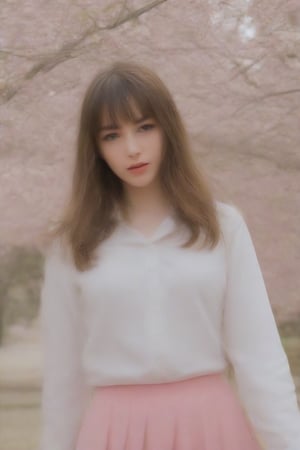 one pretty girl, solo, supermodel, pale skin, long wavy hair, blunt bangs, make up, parted lips, big tits, school uniform, white shirt, pleated skirt, looking at viewer, a blooming cherry blossom grove, with delicate pink petals floating in the breeze, soft lighting, film grain, upper body