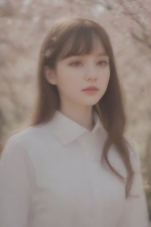 one pretty girl, solo, supermodel, pale skin, long wavy hair, blunt bangs, make up, parted lips, big tits, school uniform, white shirt, pleated skirt, looking at viewer, a blooming cherry blossom grove, with delicate pink petals floating in the breeze, soft lighting, film grain, upper body