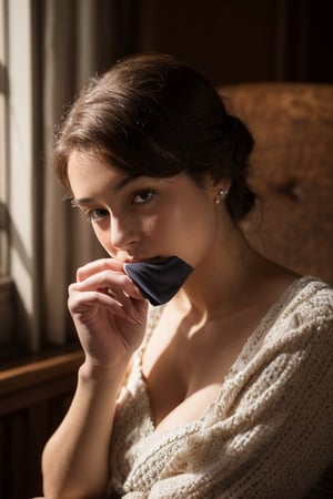 At the end of the 19th century,20yo, the female detective Sherlock Holmes was handsome, thoughtful, full of sense of humor, gentlemanly, graceful, full of mystery, and had a faint smile. 1girl,breasts,beautiful face and eyes,Sitting on the sofa and thinking,Quiet, focused, distressed expression, not looking at the viewr,bow in thought,SD 1.5,realhands,photorealistic