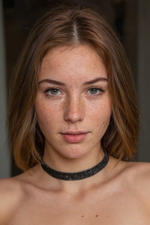 (ultra realistic,best quality),photorealistic,Extremely Realistic, in depth, cinematic light,hubgwomen,hubg_beauty_girl, cute

medium hair, detailed face, detailed nose, girl naked, freckles, choker, smirk, tattoo, 

intricate background, realism,realistic,raw,analog,portrait,photorealistic