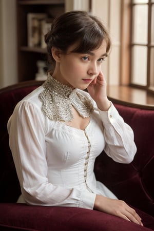 At the end of the 19th century,20yo, the female detective Sherlock Holmes was handsome, thoughtful, full of sense of humor, gentlemanly, graceful, full of mystery, and had a faint smile. 1girl,breasts,beautiful face and eyes,Sitting on the sofa and thinking,Quiet, focused, distressed expression, not looking at the viewr,bow in thought,SD 1.5,1girl