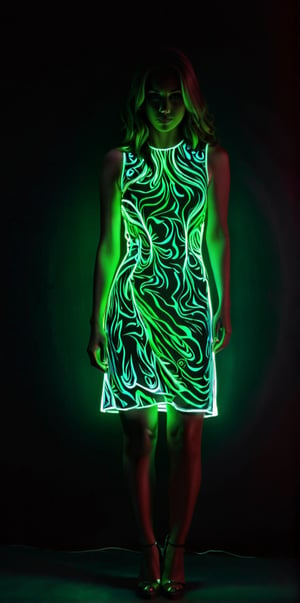 Silhouette of woman , neon light dress illuminates her body in shadow, in the style of coloring book comic, upper body covered in dark shadows, full body, raw hand drawn style, cinematic, photo,(best quality