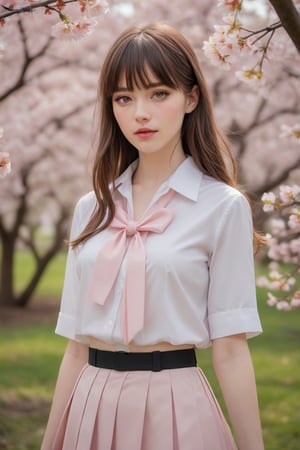 one pretty girl, solo, supermodel, pale skin, long wavy hair, blunt bangs, make up, parted lips, big tits, school uniform, white shirt, pleated skirt, looking at viewer, a blooming cherry blossom grove, with delicate pink petals floating in the breeze, soft lighting, film grain, upper body