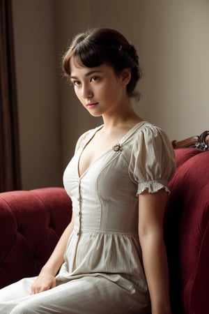 At the end of the 19th century,20yo, the female detective Sherlock Holmes was handsome, thoughtful, full of sense of humor, gentlemanly, graceful, full of mystery, and had a faint smile. 1girl,breasts,beautiful face and eyes,Sitting on the sofa and thinking,Quiet, focused, distressed expression, not looking at the viewr,bow in thought,SD 1.5,1girl