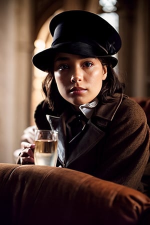 At the end of the 19th century,20yo, the female detective Sherlock Holmes was handsome, thoughtful, full of sense of humor, gentlemanly, graceful, full of mystery, and had a faint smile. 1girl,breasts,beautiful face and eyes,Sitting on the sofa and thinking,Quiet, focused, distressed expression, not looking at the viewr,bow in thought,SD 1.5,realhands,photorealistic