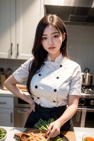Beautiful woman chef with warm smile and apron tied around her waist in chef outfit showing her breasts, cutting vegetables in professional kitchen