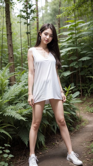 masterpiece, best quality, Surreal, Ultra Detailed, 8k resolution, RAW photos, Clear focus, (A girl in the forest), ((((Shift Dress:1.1),sports Shorts,Full body posture, Solitary, Perfect body, Become a, 32 inches in the chest,(a charming smile:1), (sexy pose),26 years old, light,White shoes