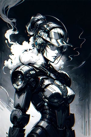 score_9, score_8_up, score_7_up, evil female robot, smoke, glowing visor, sci-fi, ink drawing, illustrative art, soft lighting, detailed, elegant, exquisite, low contrast, thin, slim, highly detailed, intricate design. comb.front-facing lens