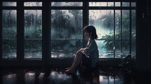 A girl sits by the window, looking out at the rainy day. lofi,rainy day,