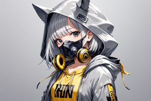 1girl, solo, short hair, looking at viewer, bangs, shirt, white hair, black eyes, long sleeves, animal ears, jacket, upper body, open clothes, hood, open jacket, grey jacket, mask, headphones, rhino horn on the hood, yellow shirt, clothes writing, hooded jacket, grey background, hood up, zipper, mouth mask, drawstring, covered mouth, headphones around neck, grey theme, ears through headwear, respirator

