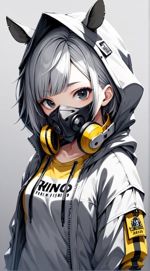 1girl, solo, short hair, looking at viewer, bangs, shirt, white hair, black eyes, long sleeves, rhino ears, jacket, upper body, open clothes, hood, open jacket, grey jacket, mask, headphones, rhino horn, yellow shirt, clothes writing, hooded jacket, grey background, hood up, zipper, mouth mask, drawstring, covered mouth,headphones around neck, grey theme, ears through headwear, respirator

