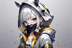 1girl, solo, short hair, looking at viewer, bangs, shirt, white hair, black eyes, long sleeves, rhino ears, jacket, upper body, open clothes, hood, open jacket, grey jacket, mask, headphones, rhino horn, yellow shirt, clothes writing, hooded jacket, grey background, hood up, zipper, mouth mask, drawstring, covered mouth,headphones around neck, grey theme, ears through headwear, respirator

