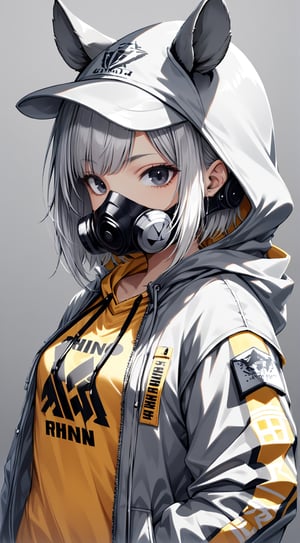 1girl, solo, short hair, looking at viewer, bangs, shirt, white hair, black eyes, long sleeves, rhino ears, jacket, upper body, open clothes, hood, open jacket, grey jacket, mask, headphones, rhino horn, yellow shirt, clothes writing, hooded jacket, grey background, hood up, zipper, mouth mask, drawstring, covered mouth,headphones around neck, grey theme, ears through headwear, respirator

