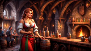 pixel_art, medieval setting, dungeons and Dragons, Female medieval barmaid, deep cleavage, big tits, smile, fantasy world, 