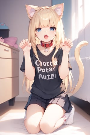 score_9,score_8_up,score_7_up,ClrSkt, 1girl, :o, animal collar, animal ear fluff, animal ears, socks, blonde hair, blue eyes, blunt bangs, cat ears, cat girl, cat tail, clothes writing, collar, fang, kneeling, long hair, looking at viewer, open mouth, red collar, shirt, solo, t-shirt, tail, indoors, paw pose, skirt