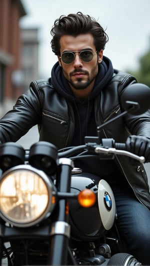 Handsome dark-haired man, (Clean Shaven, No Beard), wears Rayban Aviator Sunglasses, Riding a (BMW heavy motorcycle), (eyes to camera, looking at viewer), (Medium shot)