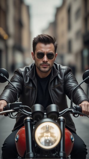 Handsome dark-haired man, no beard, wears Rayban Aviator Sunglasses, Riding a heavy BMW motorcycle, (eyes to camera, looking at viewer), (Medium shot)