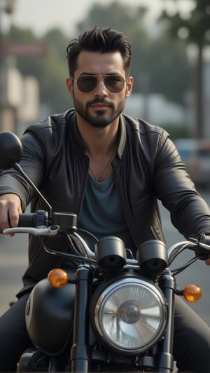 Handsome dark-haired man, wears Rayban Aviator Sunglasses, Riding a heavy BMW motorcycle, (eyes to camera, looking at viewer), (Medium shot)