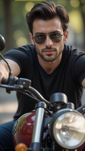 Handsome dark-haired man, (facial cleaning, no beard), wears Rayban Aviator Sunglasses, Riding a heavy BMW motorcycle, (eyes to camera, looking at viewer),