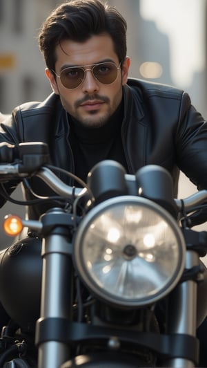 Handsome dark-haired man, (facial cleaning, no beard), wears Rayban Aviator Sunglasses, Riding a heavy BMW motorcycle, (eyes to camera, looking at viewer),