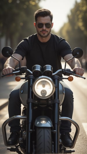 Handsome dark-haired man, (facial clean, no beard), wears Rayban Aviator Sunglasses, Riding a heavy BMW motorcycle, (eyes to camera, looking at viewer),