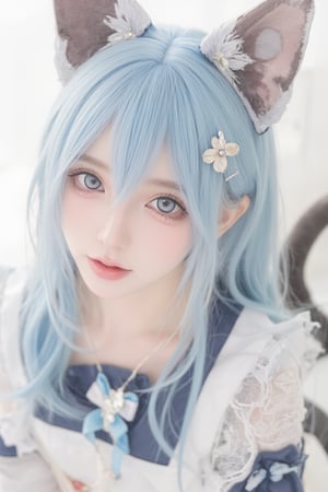 Animal ears,cat ears,male focus,apron,tail,cat tail,otoko no ko,open mouth,blue hair,solo,white hair,maid headdress,blue eyes,looking at viewer,wariza,hair ornament,cat boy,sitting,pale skin,bow,apron,far wide_shot hair eyes,far hair eyes,