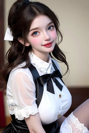 1girl, long wavy hair, blue eyes, thighhighs, looking at viewer, white thighhighs, sitting, bow, , dress, cherry, hair bow, blush, lips,  parted lips, facial mark,  lace, smile, frills,holding,  ribbon, lace trim,best quality, highly detailed, extremely detailed cg unity 8k , depth of field, cute girl, beautiful face, teenager, (sagging huge breasts), heavy breathing, (ahegao:0.4), tongue out, aroused face, blush, wet skin, dark brown hair, low ponytail hair, huge eyes, bondage, vaginal rape, bust shot,
 wet tongue out ,portrait,Hot ,shiny black pantyhose,Camisole dress