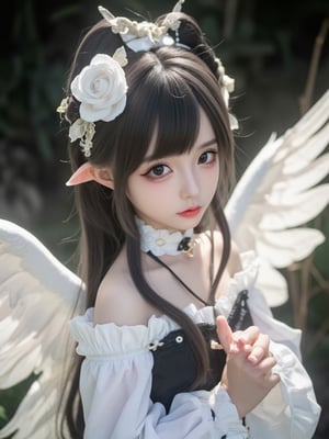 huihui,(The girl looks , the girl has white wings, white hair, white clothes, light halo, and a white color tone.  black hair, black clothes, light halo, and a black color tone of 1.5.) (Symmetry:1.3),cute,black and white **********,European style gorgeous and complex mirror,(6 years old.) Q-version,doll face,3 head body,ancient spirit and quirky,red lips:1.3),exquisite makeup,(selected perspective:1.5),(scattered feathers:1.3),(scattered small light particles:1.2),overexposed,off shoulder,floral hair,dress,fluffy long sleeves,fluffy sleeves,rose petals,mandala,chaotic,radial,streamlined,typographic art,multicolored pupil space,high exposure,exquisite headwear,dressed in formal attire,looking at the audience,feathers,gorgeous,looking at the audience,flowing hair,random beams,spots,strong light,exposed Back beam,dreamy light and shadow,backlight,ultra-high saturation,masterpiece,best quality,detailed details,high contrast,ultra-high definition,8K,wallpaper,duble eyelid,makeup,big eyes,