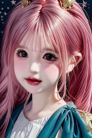 a cute doll, cyan pink hair, long gold and white dress ocean cliff, detailed face, vines, stars, ((surrealism)), (abstract), intricately detailed   art triadic colors, fantastical, splash screen, fantasy high magic concept art, 8k resolution, (masterpiece), oil painting, heavy strokes, HW*,long hair ,hair bangs are above the eyebrows,pink lips,no bang,Narin,beautyniji,1girl,women,girl,realistic,EpicDoll,pink lips,EpicMakeup,short neck,cute face,