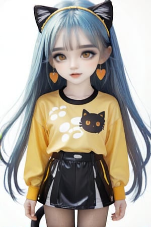 Taiwanese vtuber, Vietnamese,Thai,,1girl, Little elder sister,beautiful cue character, beautiful  orange eyes, air bangs, lollipop punk fashion, cute cartoon ello kitty shaped shirt, cat earmuffs, pastel color clothes based on yellow and black , soft mood fashion, anime print shirt, shiny transparent  pantyhose, score_8, score_7_up, dal-7 style, blue mood, mood, modern art style, vspop, 3.5D three-dimensional style, illustration, ek_an1_b00ster