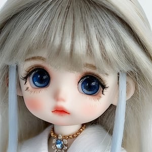 1girl, bjd doll,solo, long hair, looking at viewer, bangs, blue eyes, white background, jewelry, closed mouth, cute eyes, white hair, earrings, heterochromia, expressionless, portrait, close-up,2 cute big eyes,