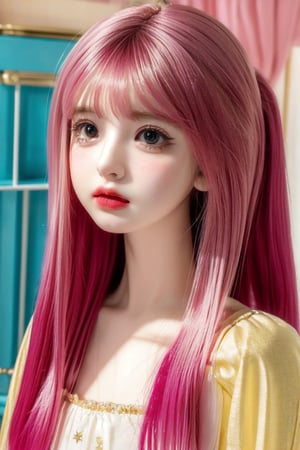 a cute doll, cyan pink hair, long gold and white dress ocean cliff, detailed face, vines, stars, ((surrealism)), (abstract), intricately detailed   art triadic colors, fantastical, splash screen, fantasy high magic concept art, 8k resolution, (masterpiece), oil painting, heavy strokes, HW*,long hair ,hair bangs are above the eyebrows,pink lips,no bang,Narin,beautyniji,1girl,women,girl,realistic,EpicDoll,pink lips,EpicMakeup,short neck,cute face,