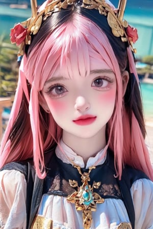 a cute doll, cyan pink hair, long gold and white dress ocean , detailed face, vines, stars, ((surrealism)), (abstract), intricately detailed   art triadic colors, fantastical, splash screen, fantasy high magic concept art, 8k resolution, (masterpiece), oil painting, heavy strokes, HW*,long hair ,hair bangs are above the eyebrows,pink lips,no bang,Narin,beautyniji,1girl,women,girl,realistic,EpicDoll,pink lips,EpicMakeup,short neck,cute face,