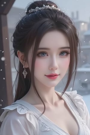 luoxue,snow,Softly falling snowflakes dance in the blurred background, framing a serene portrait of Luoxue. A close-up shot captures her delicate features: long dark brown hair cascading down her back, a gentle smile playing on her lips, and piercing blue eyes sparkling with warmth. She wears a pristine white dress adorned with intricate embroidery on the shoulders, complemented by a silver necklace and earrings that catch the subtle light. Her left hand rests on her hip, exuding confidence and poise as she stands amidst the winter wonderland.