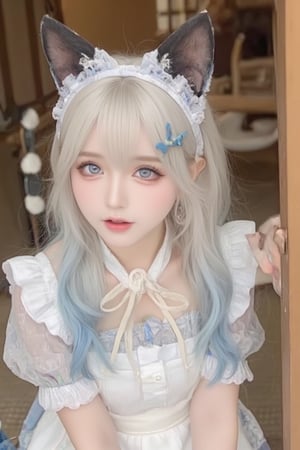 Animal ears,cat ears,male focus,apron,tail,cat tail,otoko no ko,open mouth,blue hair,solo,white hair,maid headdress,blue eyes,looking at viewer,wariza,hair ornament,cat boy,sitting,pale skin,bow,apron,far wide_shot hair eyes,far hair eyes,