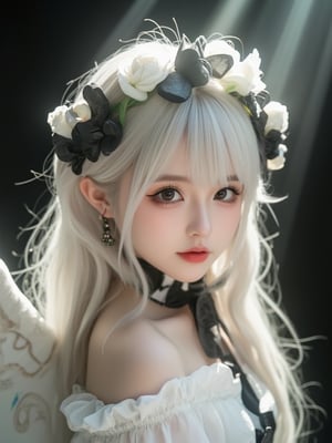 huihui,(The girl looks , the girl has white wings, white hair, white clothes, light halo, and a white color tone. the girl has black wings, black hair, black clothes, light halo, and a black color tone of 1.5.) (Symmetry:1.3),cute,black and white **********,European style gorgeous and complex mirror,(6 years old.) Q-version,doll face,3 head body,ancient spirit and quirky,red lips:1.3),exquisite makeup,(selected perspective:1.5),(scattered feathers:1.3),(scattered small light particles:1.2),overexposed,off shoulder,floral hair,dress,fluffy long sleeves,fluffy sleeves,rose petals,mandala,chaotic,radial,streamlined,typographic art,multicolored pupil space,high exposure,exquisite headwear,dressed in formal attire,looking at the audience,feathers,gorgeous,looking at the audience,flowing hair,random beams,spots,strong light,exposed Back beam,dreamy light and shadow,backlight,ultra-high saturation,masterpiece,best quality,detailed details,high contrast,ultra-high definition,8K,wallpaper,duble eyelid,makeup,big eyes,