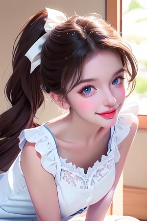 1girl, long wavy hair, blue eyes, thighhighs, looking at viewer, white thighhighs, sitting, bow, , dress, cherry, hair bow, blush, lips,  parted lips, facial mark,  lace, smile, frills,holding,  ribbon, lace trim,best quality, highly detailed, extremely detailed cg unity 8k , depth of field, cute girl, beautiful face, teenager, (sagging huge breasts), heavy breathing, (ahegao:0.4), tongue out, aroused face, blush, wet skin, dark brown hair, low ponytail hair, huge eyes, bondage, vaginal rape, bust shot,
 wet tongue out ,portrait,Hot ,shiny black pantyhose,Camisole dress