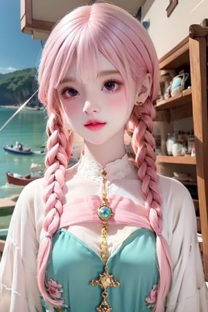 a cute doll, cyan pink hair, long gold and white dress ocean cliff, detailed face, vines, stars, ((surrealism)), (abstract), intricately detailed   art triadic colors, fantastical, splash screen, fantasy high magic concept art, 8k resolution, (masterpiece), oil painting, heavy strokes, HW*,long hair ,hair bangs are above the eyebrows,pink lips,no bang,Narin,beautyniji,1girl,women,girl,realistic,EpicDoll,pink lips,EpicMakeup,short neck,cute face,