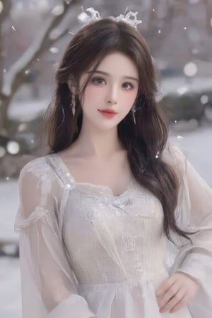 luoxue,snow,Softly falling snowflakes dance in the blurred background, framing a serene portrait of Luoxue. A close-up shot captures her delicate features: long dark brown hair cascading down her back, a gentle smile playing on her lips, and piercing blue eyes sparkling with warmth. She wears a pristine white dress adorned with intricate embroidery on the shoulders, complemented by a silver necklace and earrings that catch the subtle light. Her left hand rests on her hip, exuding confidence and poise as she stands amidst the winter wonderland.