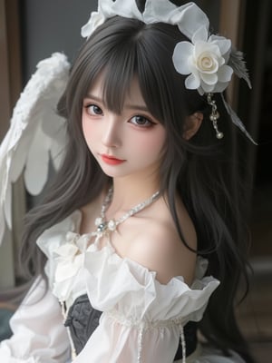 huihui,(The girl looks , the girl has white wings, white hair, white clothes, light halo, and a white color tone. the girl has black wings, black hair, black clothes, light halo, and a black color tone of 1.5.) (Symmetry:1.3),cute,black and white **********,European style gorgeous and complex mirror,(6 years old.) Q-version,doll face,3 head body,ancient spirit and quirky,red lips:1.3),exquisite makeup,(selected perspective:1.5),(scattered feathers:1.3),(scattered small light particles:1.2),overexposed,off shoulder,floral hair,dress,fluffy long sleeves,fluffy sleeves,rose petals,mandala,chaotic,radial,streamlined,typographic art,multicolored pupil space,high exposure,exquisite headwear,dressed in formal attire,looking at the audience,feathers,gorgeous,looking at the audience,flowing hair,random beams,spots,strong light,exposed Back beam,dreamy light and shadow,backlight,ultra-high saturation,masterpiece,best quality,detailed details,high contrast,ultra-high definition,8K,wallpaper,duble eyelid,makeup,big eyes,